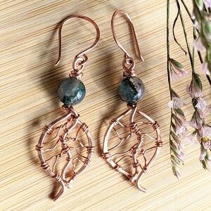 Organic Copper Leaf Earrings Earthy Moss Agate Gemstone Beads Dangle Drop Style